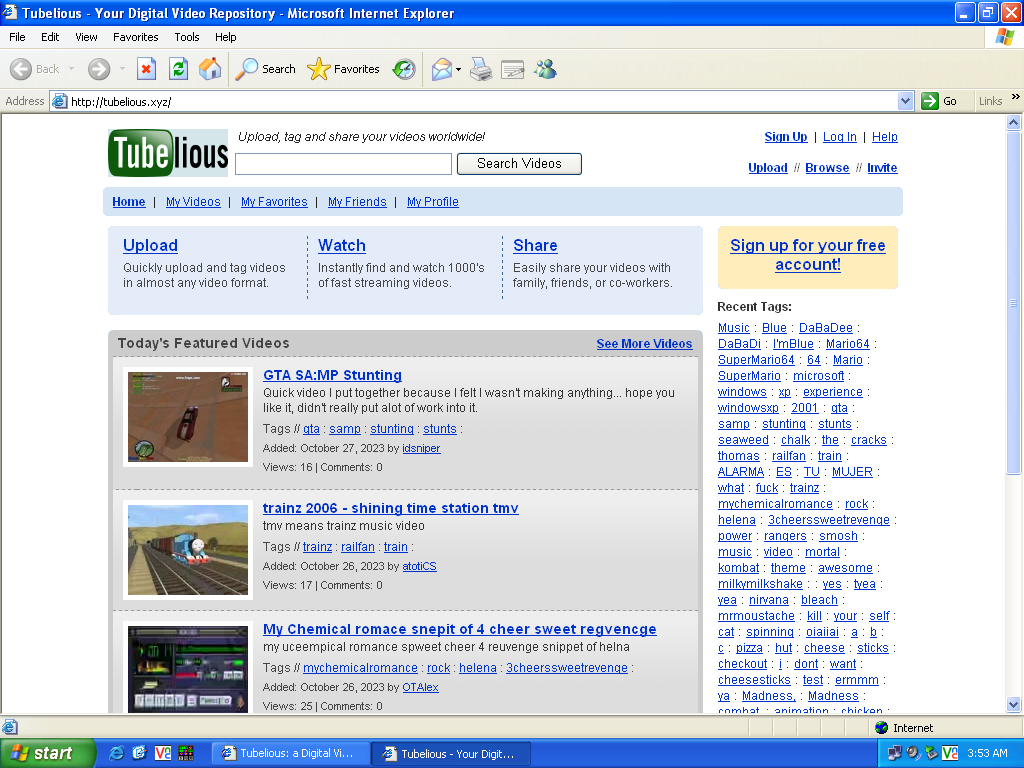 Tubelious website under Internet Explorer 6 on Windows XP