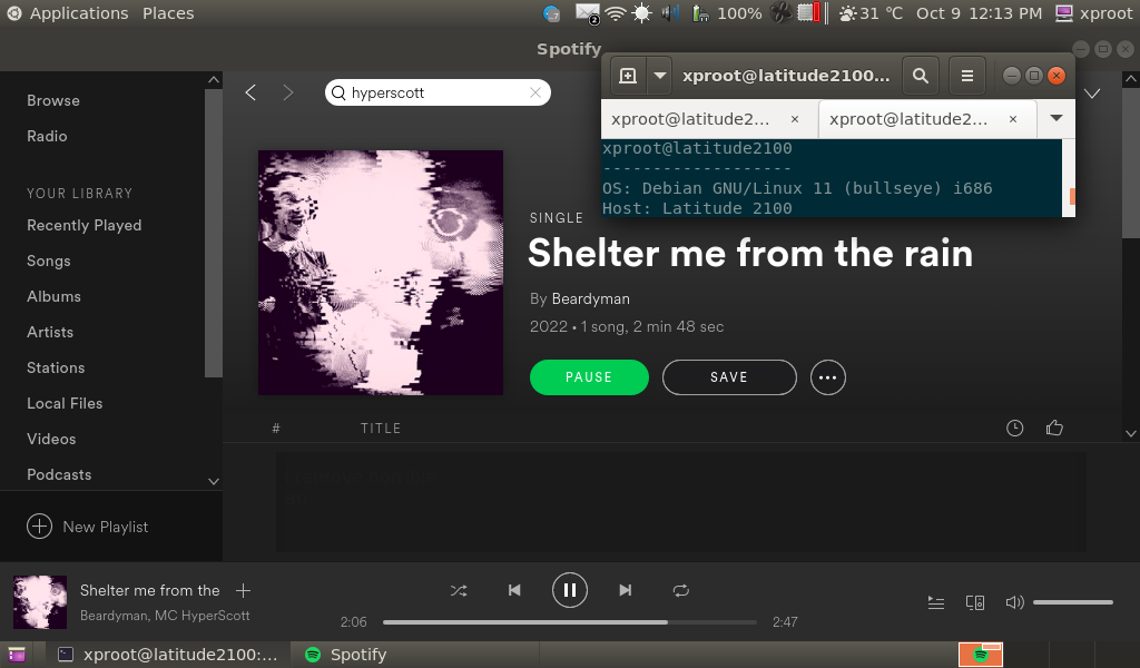 Spotify on a gnome-flashback desktop, showing it's running on a Latitude 2100 under a Debian 11 i686 system